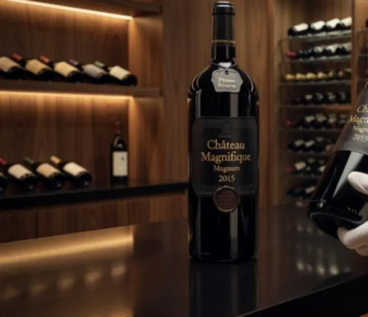 Garrafas magnum de vinho alinhadas numa adega privada