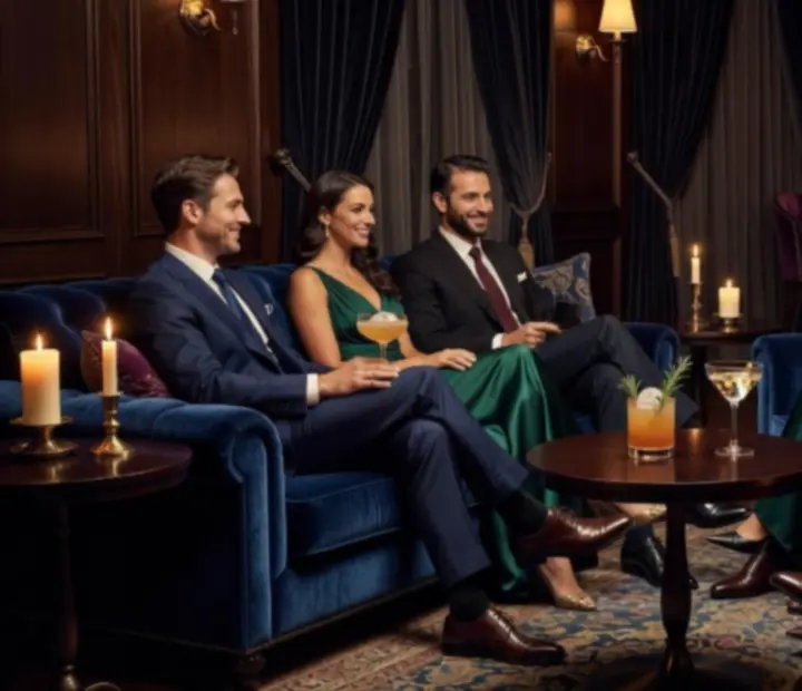 Lounge de cocktails com iluminação de velas e ambiente intimista.