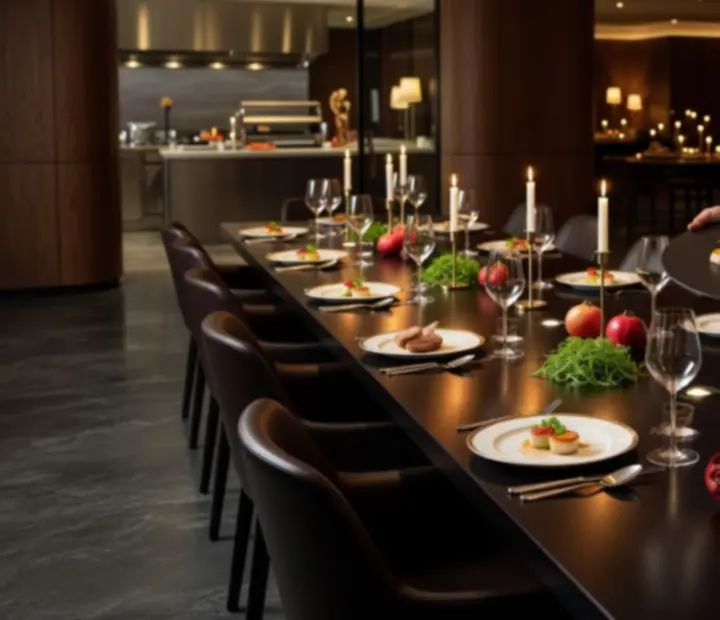 Chef português a preparar um menu de degustação num ambiente de restaurante elegante