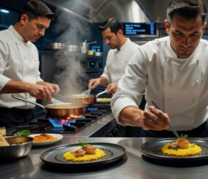 Equipa de cozinha em plena preparação de pratos de autor, em ambiente profissional e organizado.