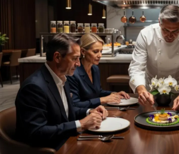Mesa do Chef no interior da cozinha com convidados a assistir à preparação dos pratos