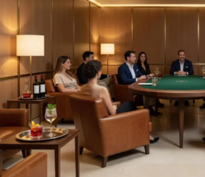 Sala de poker elegante num restaurante com iluminação suave e mesas profissionais