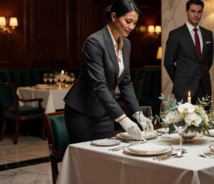 Equipa de sala em serviço, com fardas elegantes e ambiente de fine dining.