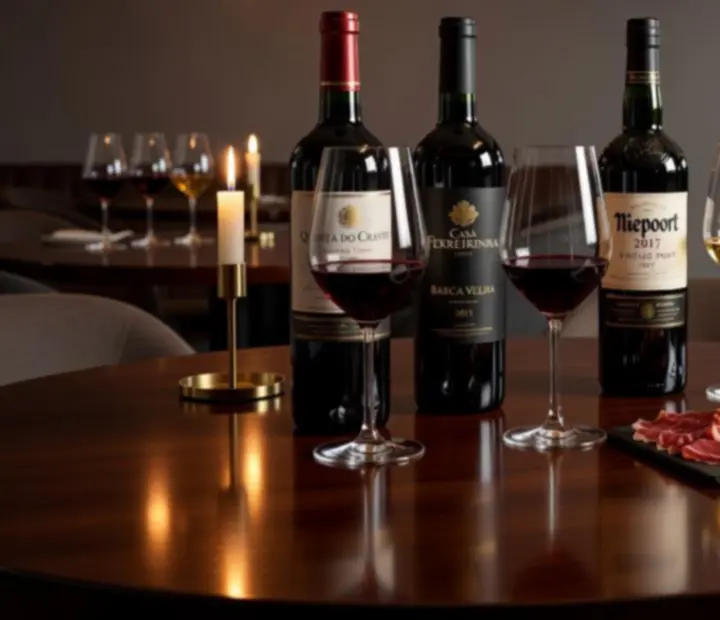 Degustação de vinhos com copos alinhados numa mesa de jantar.