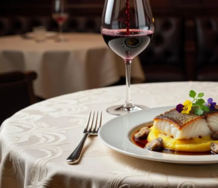 Mesa de jantar gourmet com cartas de poker e copos de vinho num restaurante sofisticado