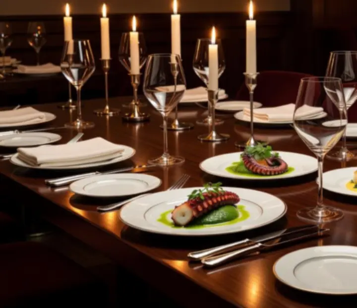 Menu de degustação gourmet apresentado em mesa com styling editorial