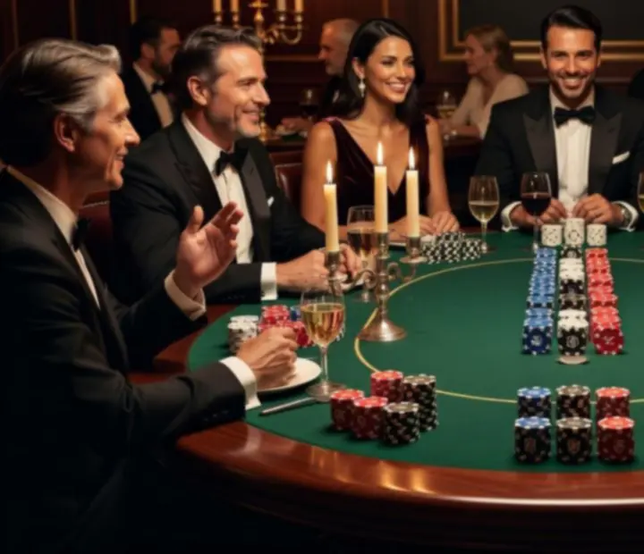 Poker table with symbolic chips and elegantly dressed guests