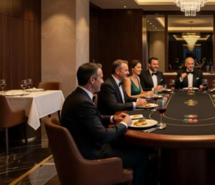 Mesa elegante com pratos gourmet e fichas de poker simbólicas em ambiente de restaurante