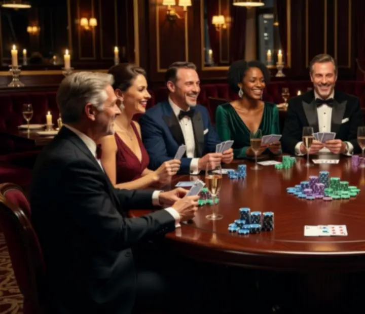 Mesa de poker elegante com convidados bem vestidos, fichas simbólicas e ambiente de bar sofisticado.