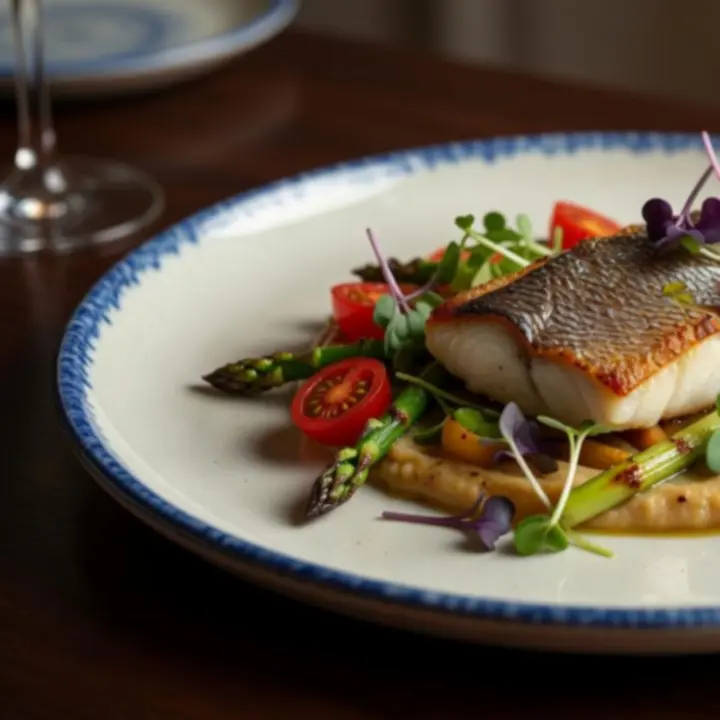 Prato contemporâneo de peixe sustentável com empratamento minimalista