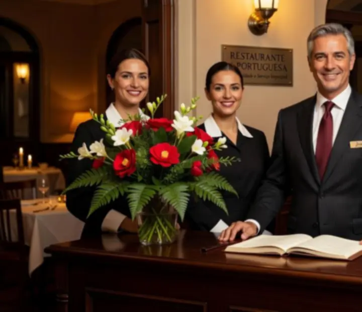 Equipa do restaurante a receber os convidados com elegância.