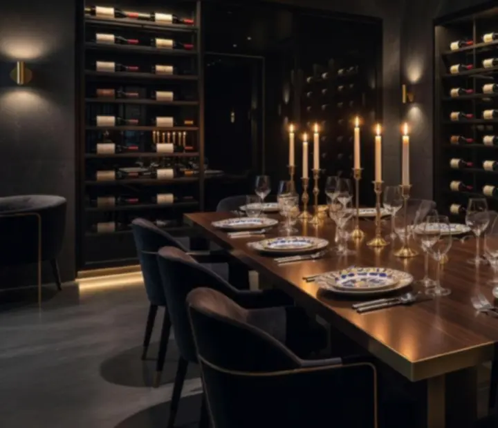 Sala privada elegante com mesa posta para jantar exclusivo