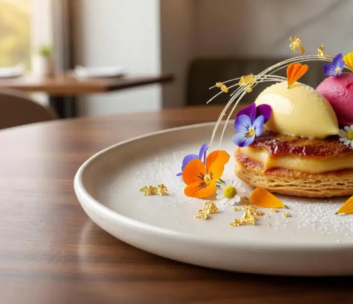 Sobremesa artística com empratamento contemporâneo e detalhes de pastelaria fina